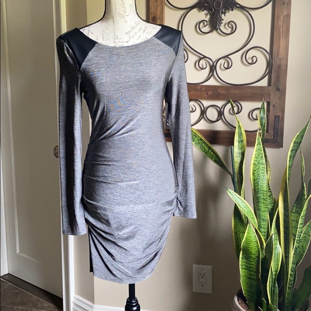 Guess Gray Asymmetrical Ruched Long Sleeve Dress